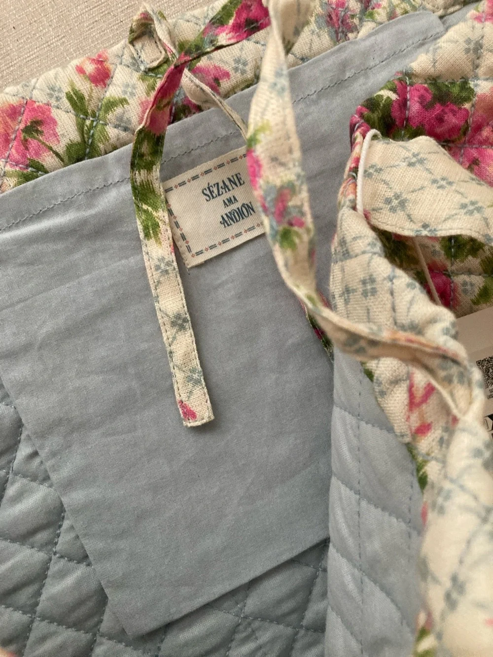 Sezane Quilted Cream Tote with Pink Floral Print